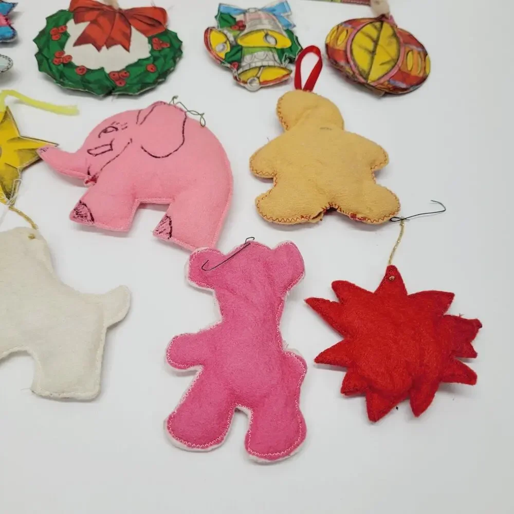 Handmade Sewn Painted Christmas Stitched Stuffed Fabric Ornaments Vtg Lot of 15